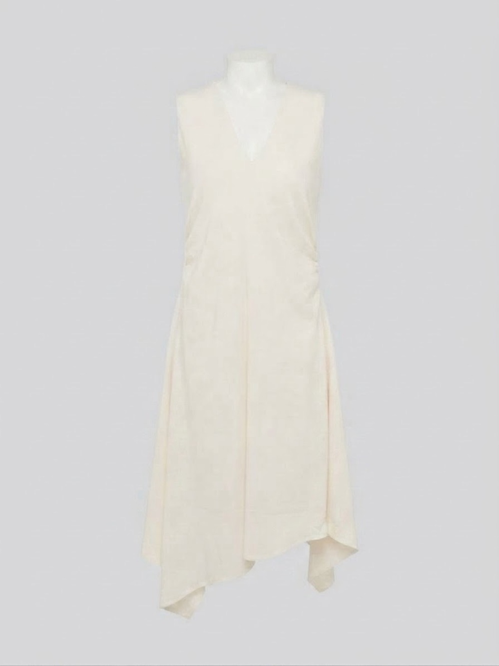 COS Womens L Ivory Asymmetric Midi Dress Ruched Draped V Neck NWT